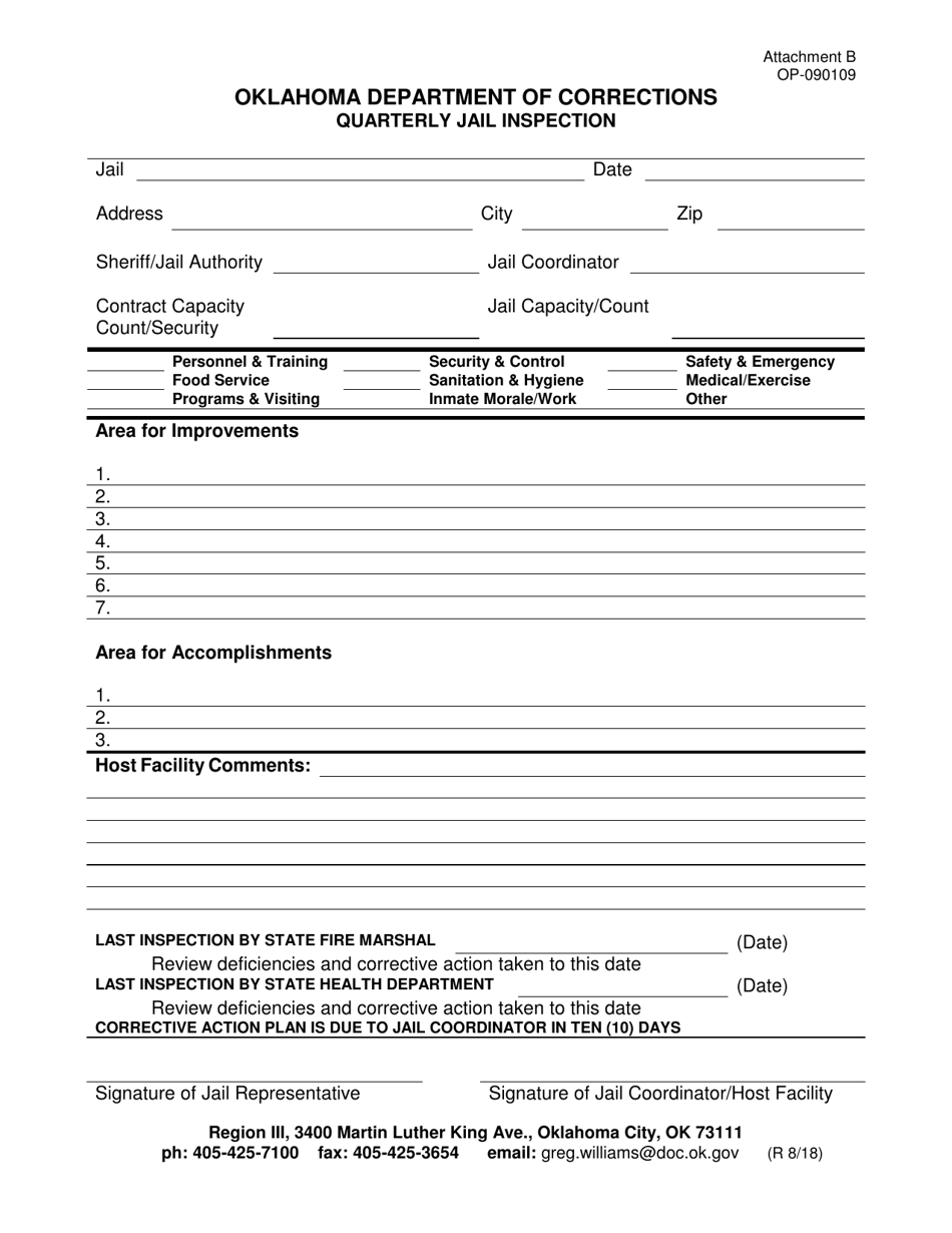 DOC Form OP-090109 Attachment B Quarterly Jail Inspection - Oklahoma, Page 1