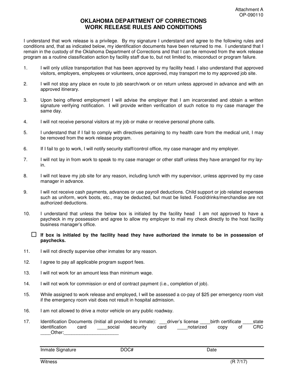 DOC Form OP-090110 Attachment A Work Release Rules and Conditions - Oklahoma, Page 1