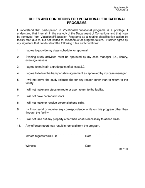 DOC Form OP-090110 Attachment D Rules and Conditions for Vocational/Educational Programs - Oklahoma