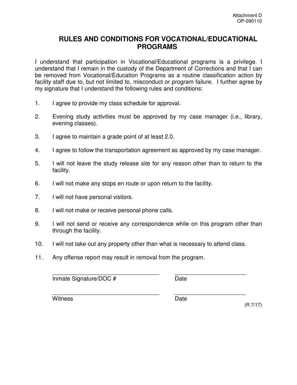 DOC Form OP-090110 Attachment D Rules and Conditions for Vocational / Educational Programs - Oklahoma, Page 1