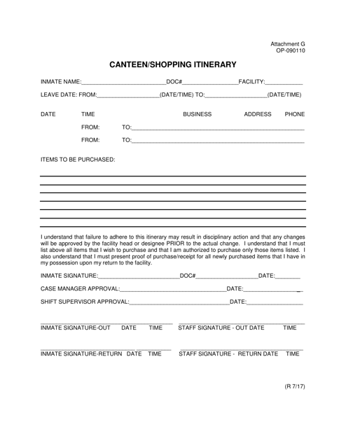 DOC Form OP-090110 Attachment G Canteen/Shopping Itinerary - Oklahoma