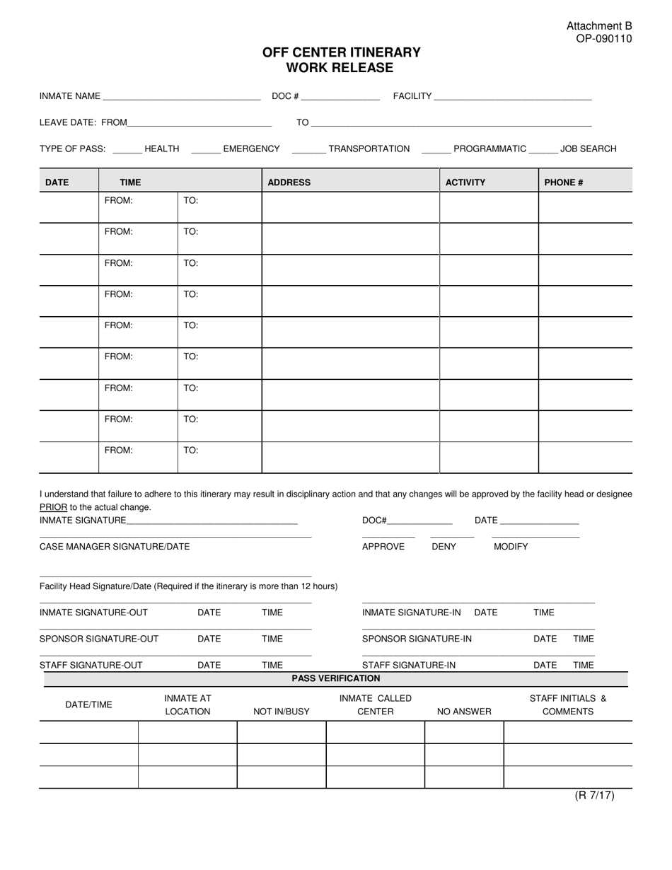 DOC Form OP-090110 Attachment B Offender Itinerary Work Release - Oklahoma, Page 1