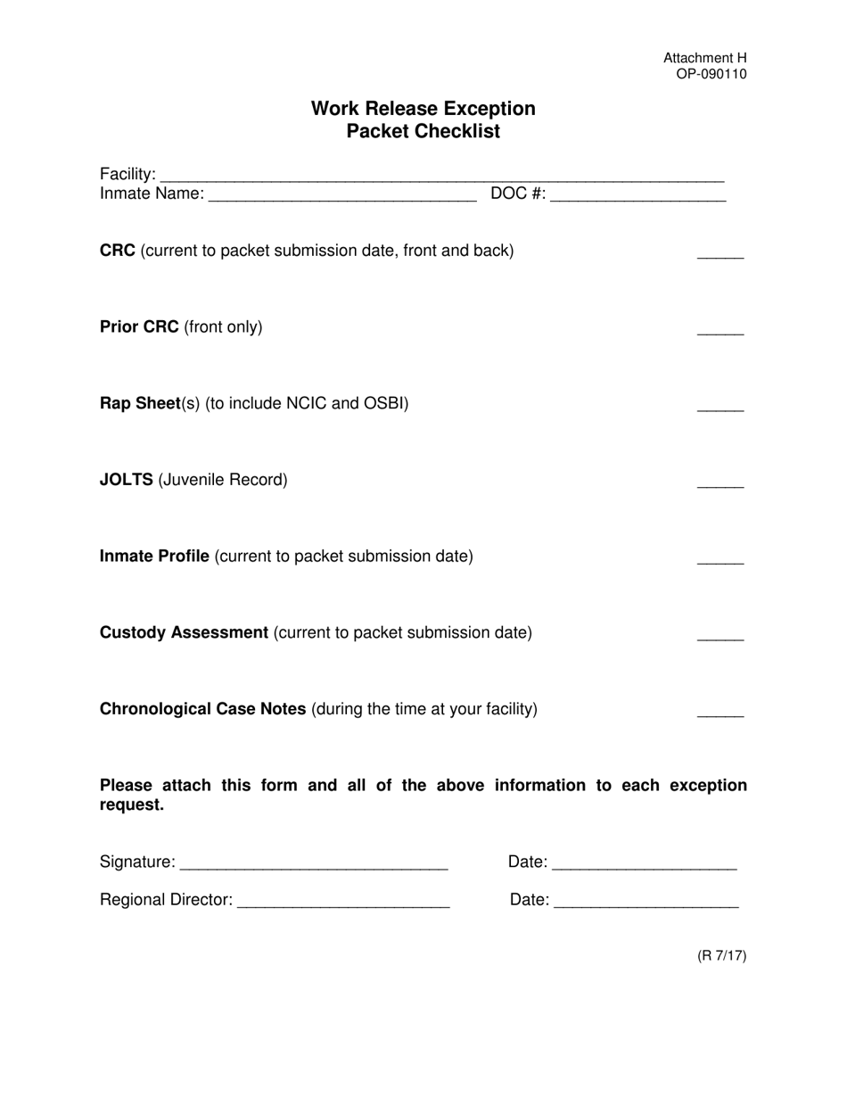 DOC Form OP-090110 Attachment H Work Release Exception Packet Checklist - Oklahoma, Page 1
