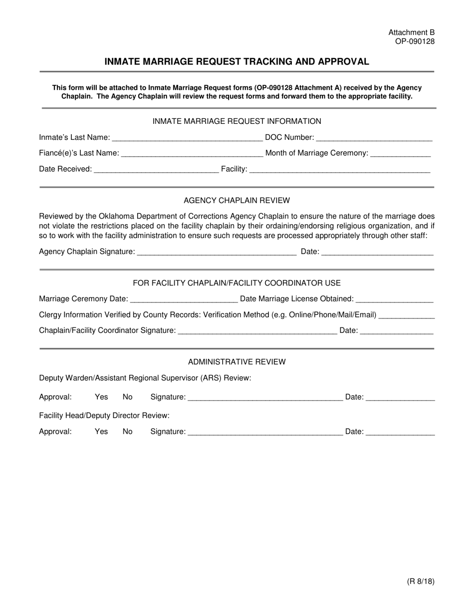 DOC Form OP-090128 Attachment B Inmate Marriage Request Tracking and Approval - Oklahoma, Page 1