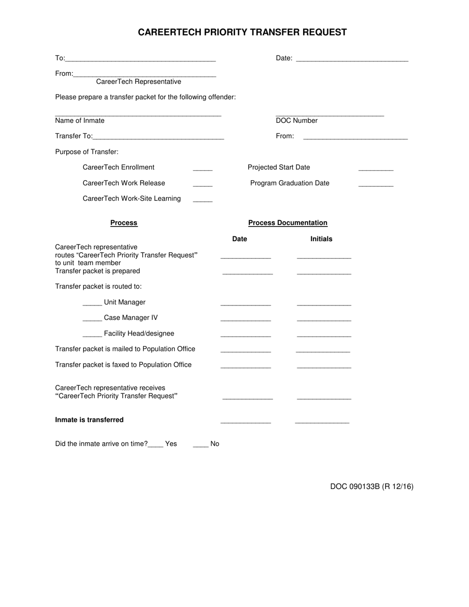 DOC Form OP-090133B Careertech Priority Transfer Request - Oklahoma, Page 1