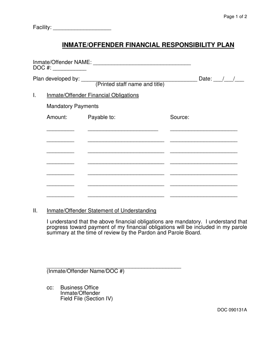 DOC Form 090131A Inmate / Offender Financial Responsibility Plan - Oklahoma, Page 1