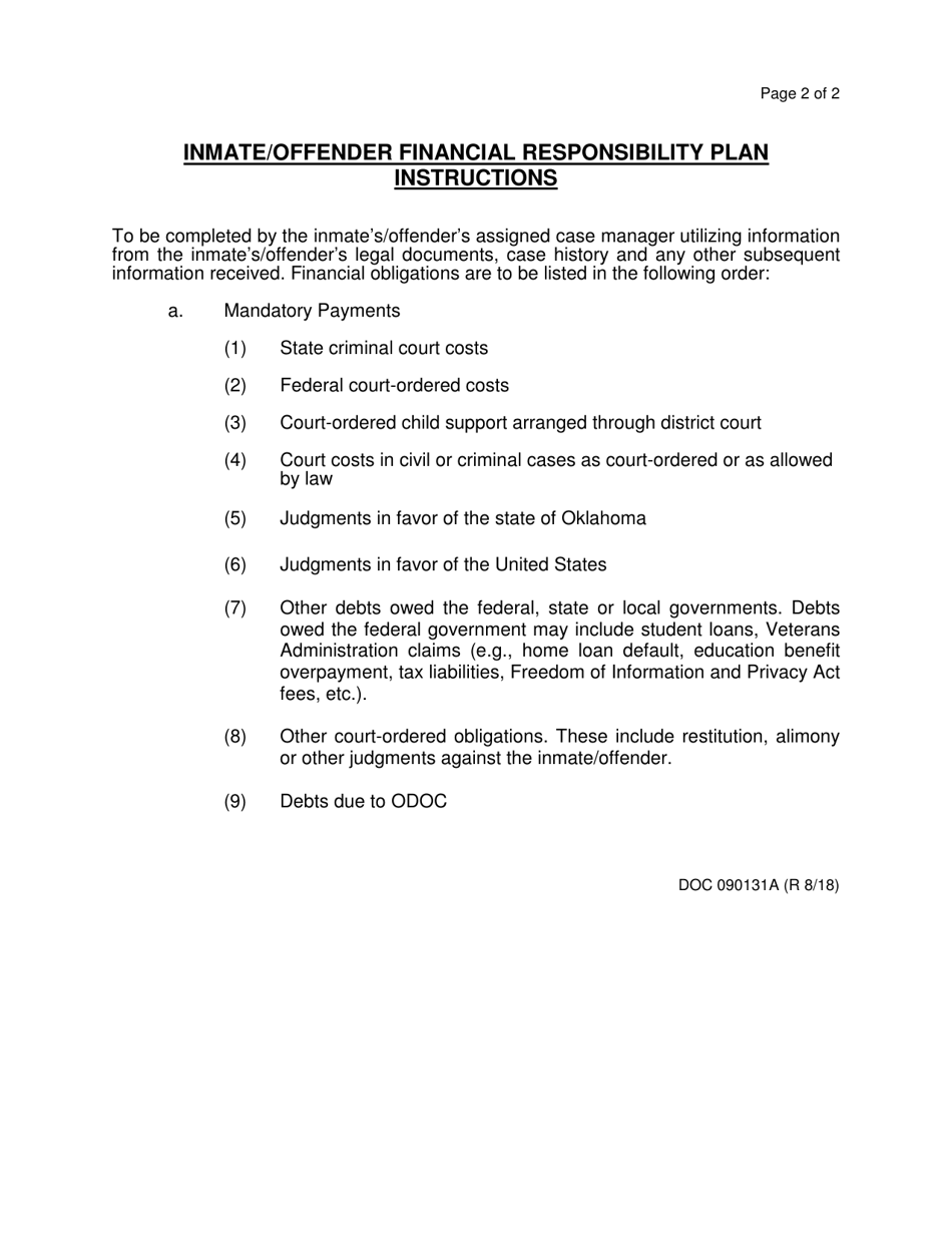 DOC Form 090131A Inmate / Offender Financial Responsibility Plan - Oklahoma, Page 2