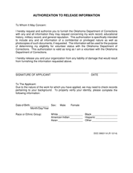 Document preview: DOC Form 090211A Authorization to Release Information - Oklahoma