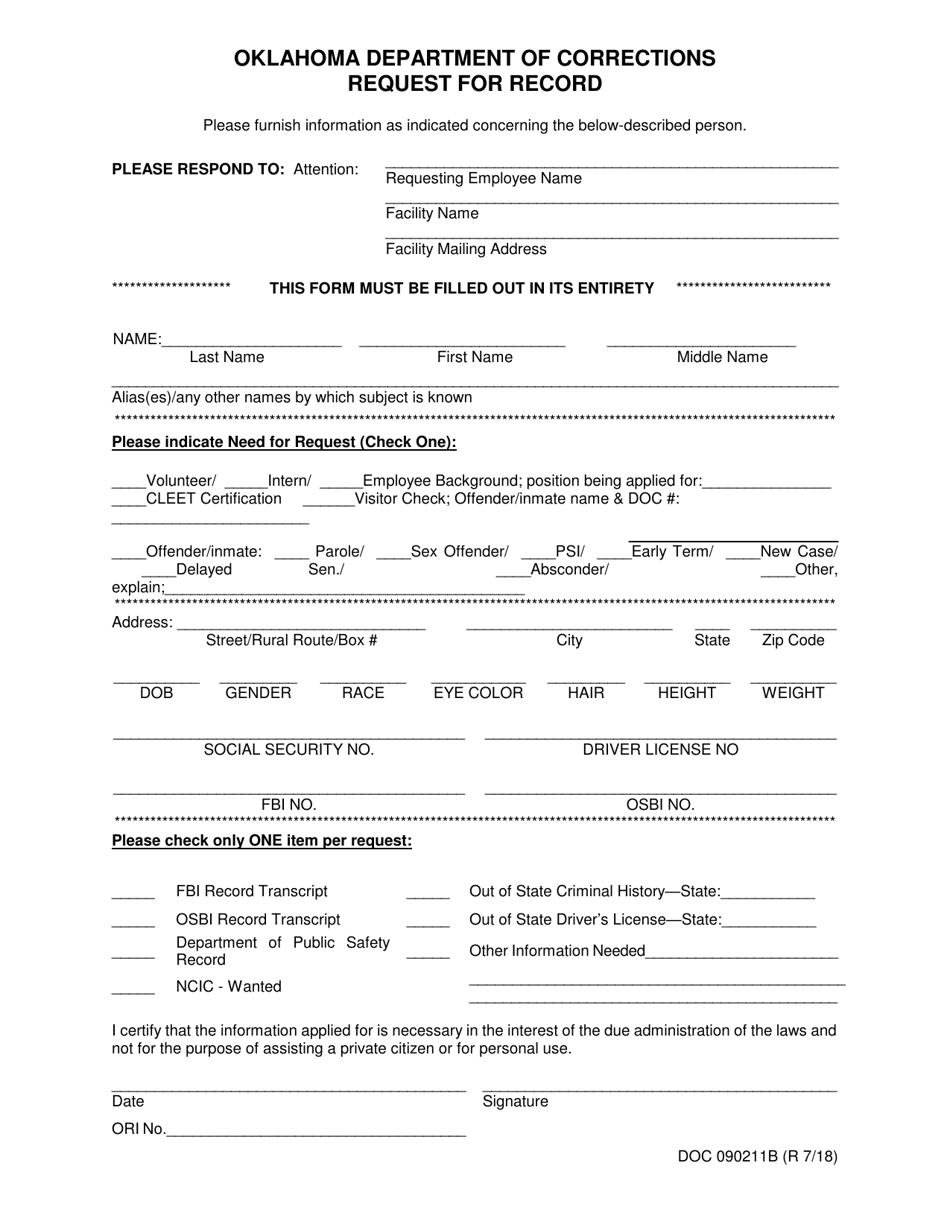 DOC Form OP-090211B Request for Record - Oklahoma, Page 1