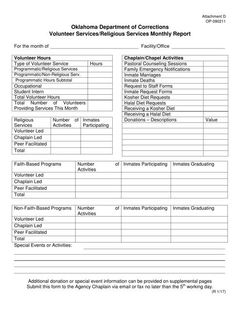 DOC Form OP-090211 Attachment D Monthly Volunteer/Coordinator Report - Oklahoma