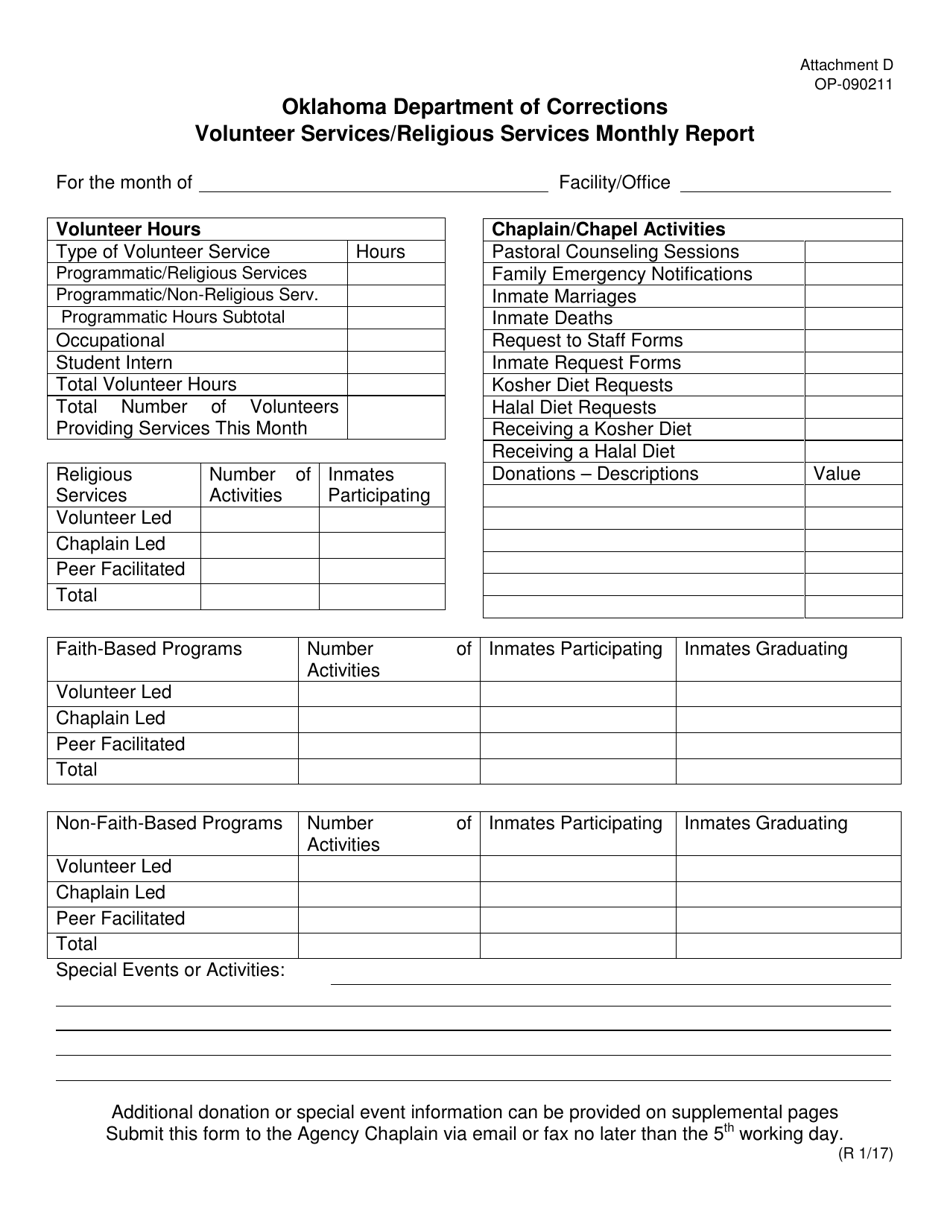 DOC Form OP-090211 Attachment D Monthly Volunteer / Coordinator Report - Oklahoma, Page 1