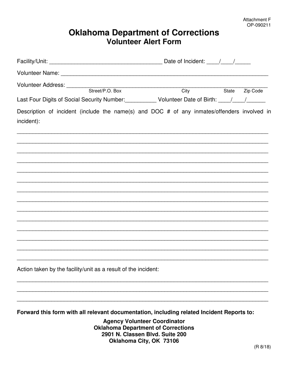 DOC Form OP-090211 Attachment F Volunteer Alert Form - Oklahoma, Page 1