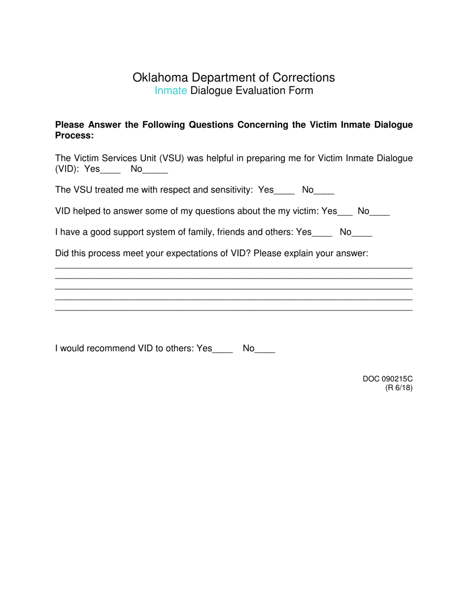DOC Form OP-090215C Inmate Dialogue Evaluation Form - Oklahoma, Page 1