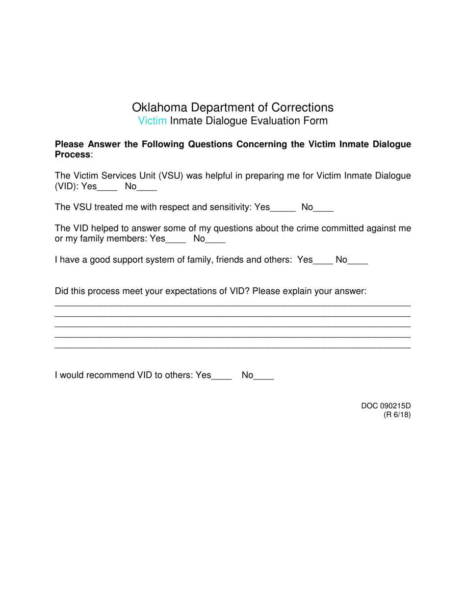 DOC Form 090215D Victim Inmate Dialogue Evaluation Form - Oklahoma, Page 1