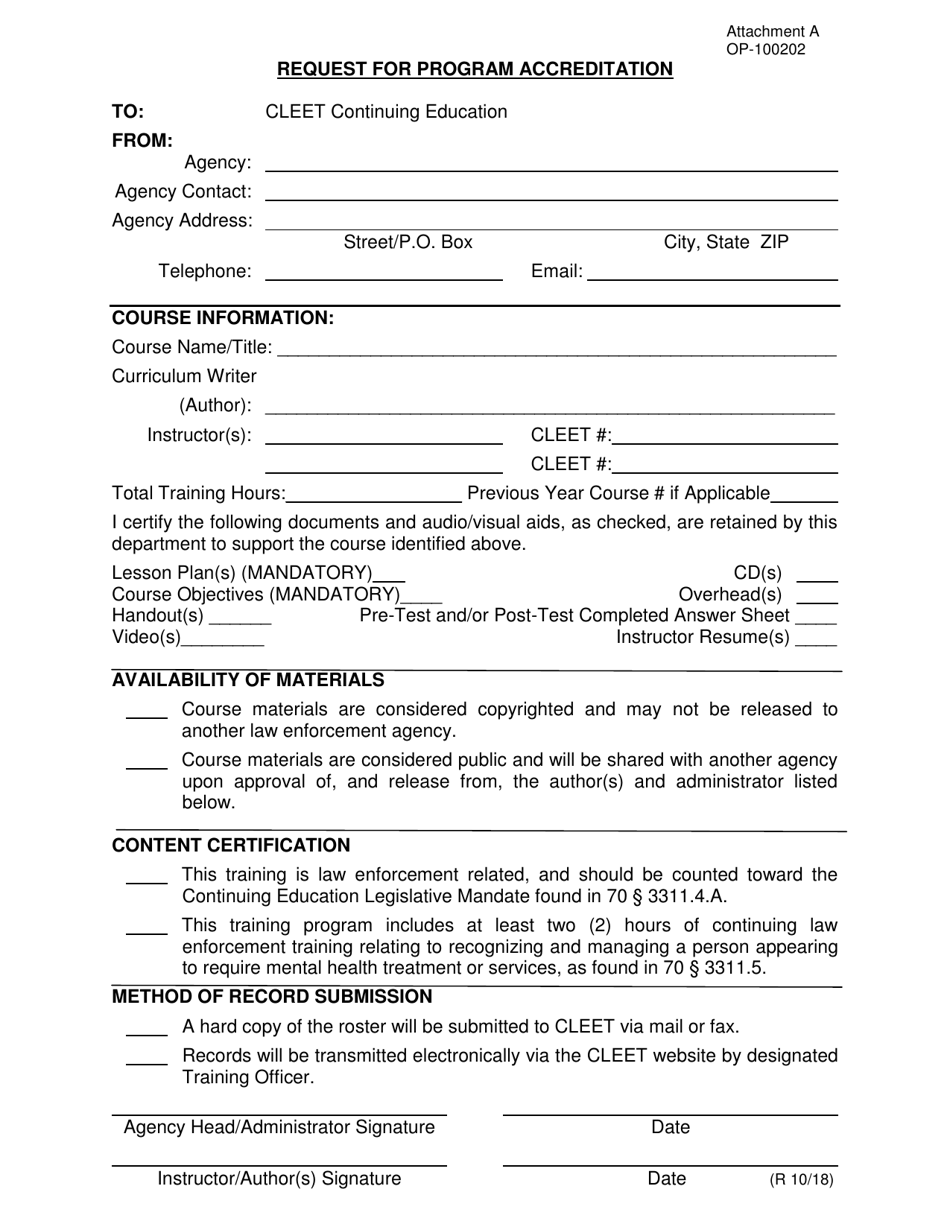 DOC Form OP-100202 Attachment A Request for Program Accreditation - Oklahoma, Page 1