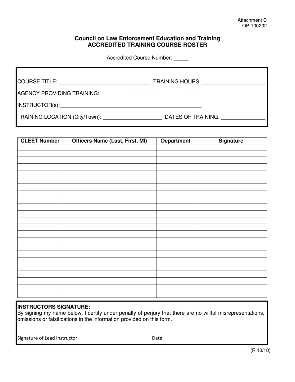 DOC Form OP-100202 Attachment C Accredited Training Course Roster - Oklahoma, Page 1
