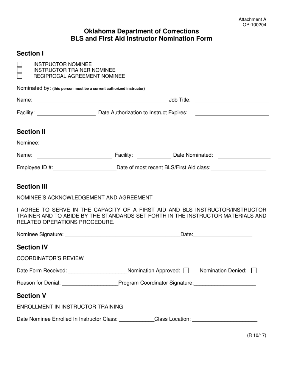 DOC Form OP-100204 Attachment A Odoc Instructor Nomination Form - Oklahoma, Page 1