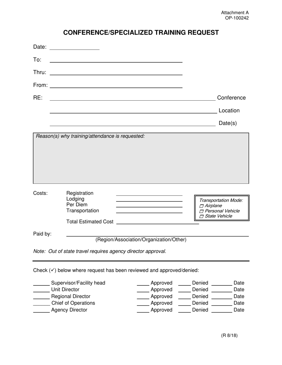 DOC Form OP-100242 Attachment A Conference / Specialized Training Request - Oklahoma, Page 1