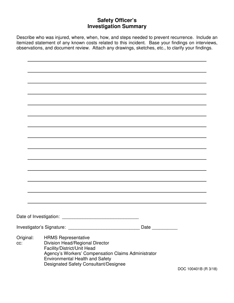 DOC Form OP-100401B Safety Officers Investigation Summary - Oklahoma, Page 1