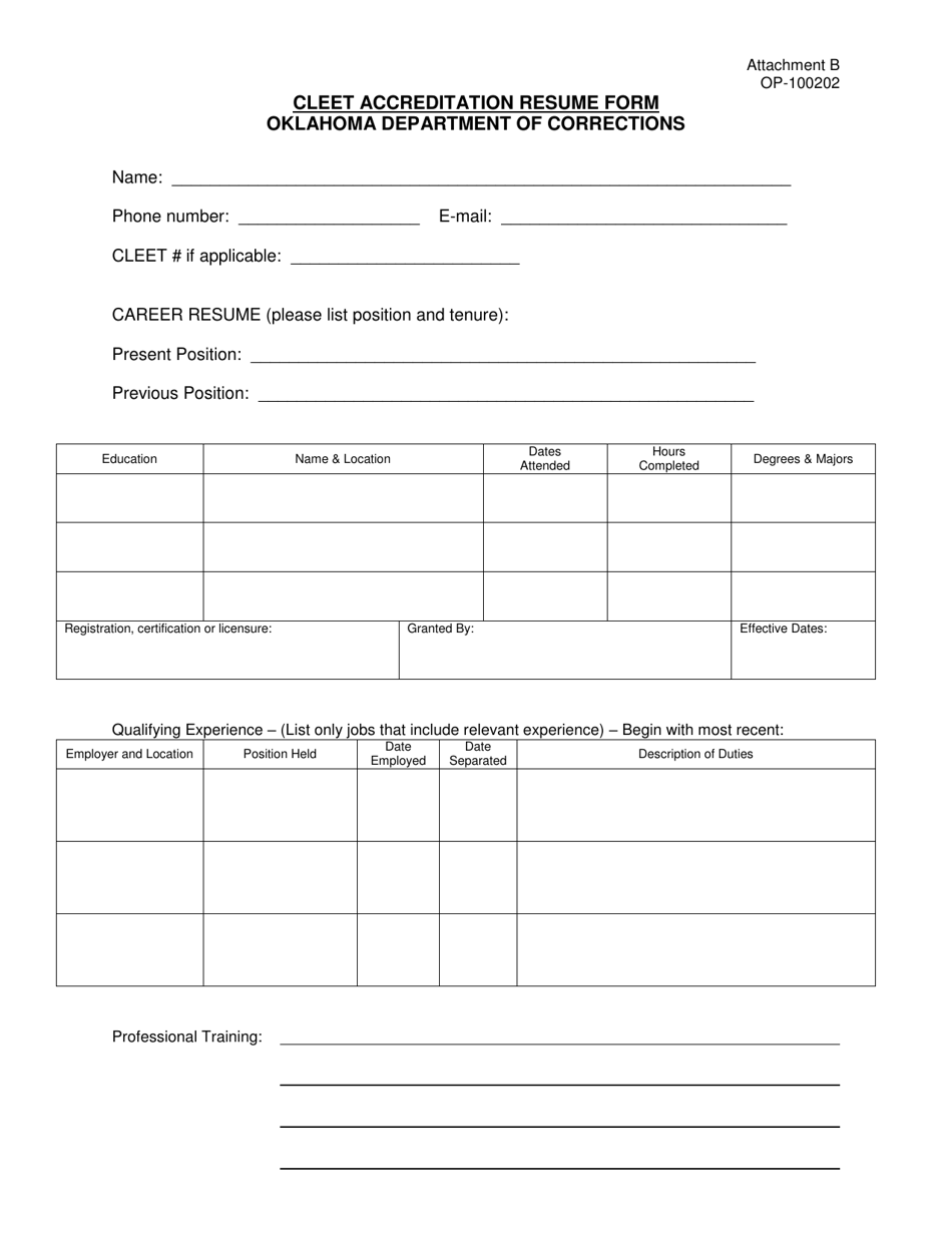 DOC Form OP-100202 Attachment B Cleet Accreditation Resume Form - Oklahoma, Page 1