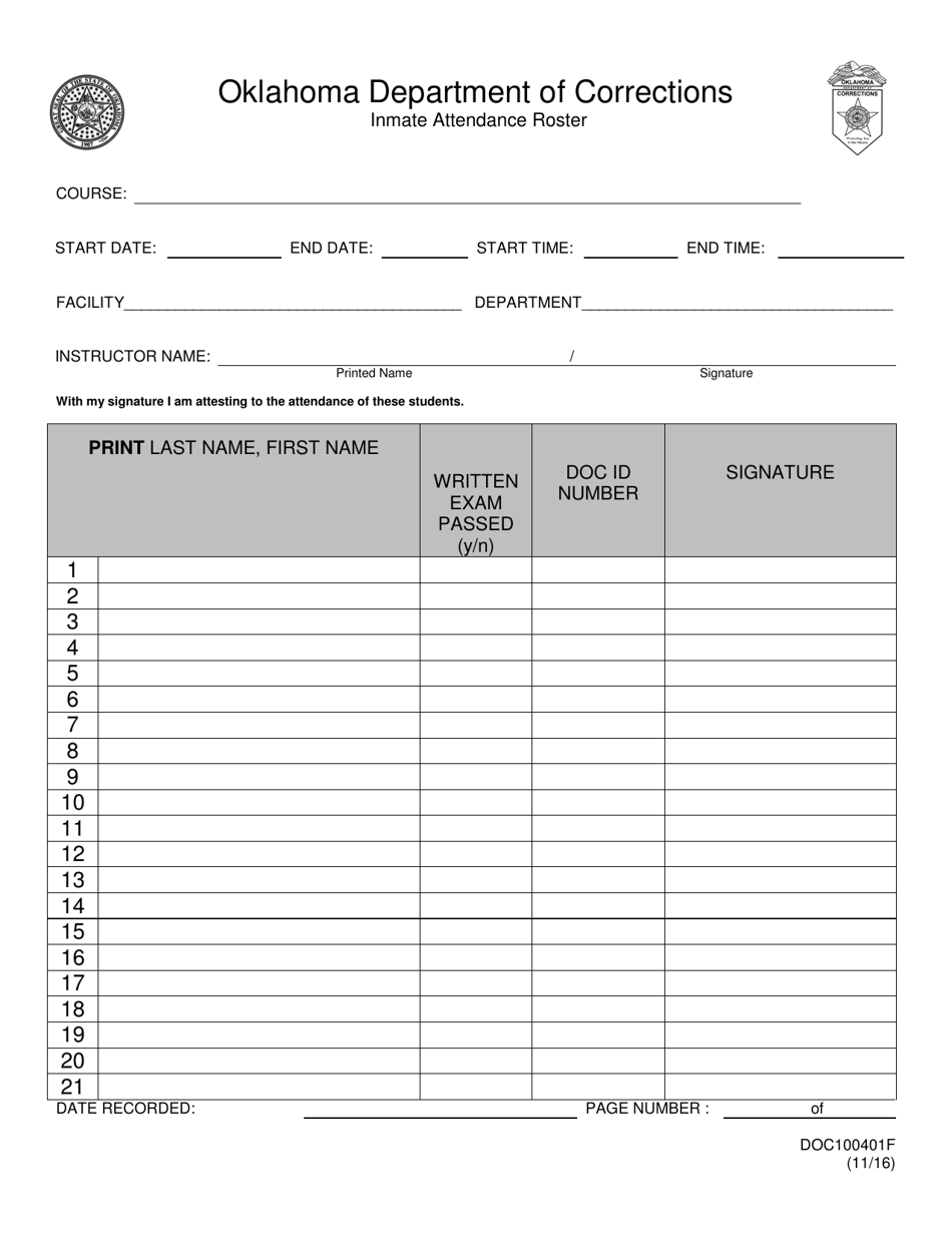 DOC Form OP-100401F Inmate Attendance Roster - Oklahoma, Page 1