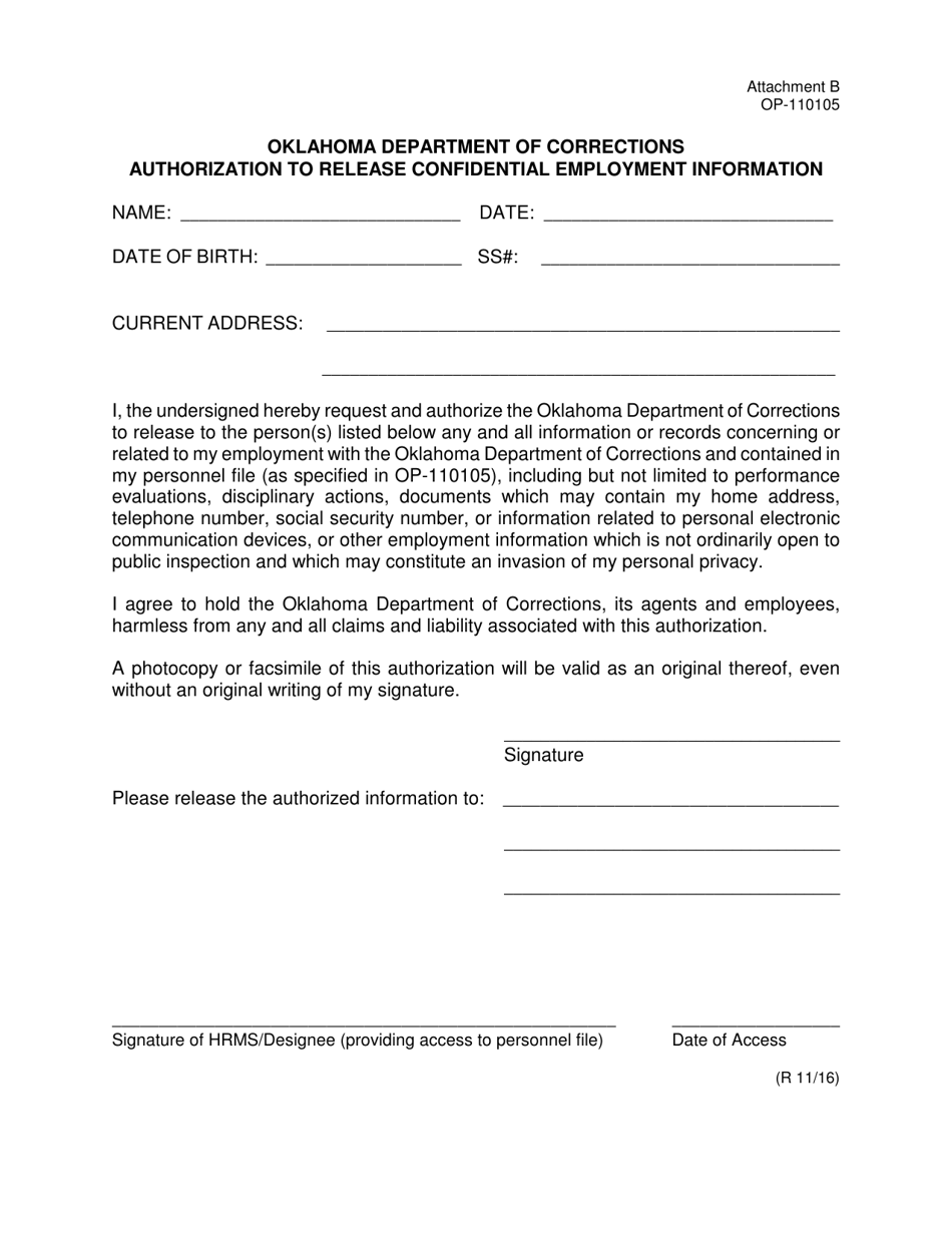 DOC Form OP-110105 Attachment B Authorization to Release Confidential Employment Information - Oklahoma, Page 1
