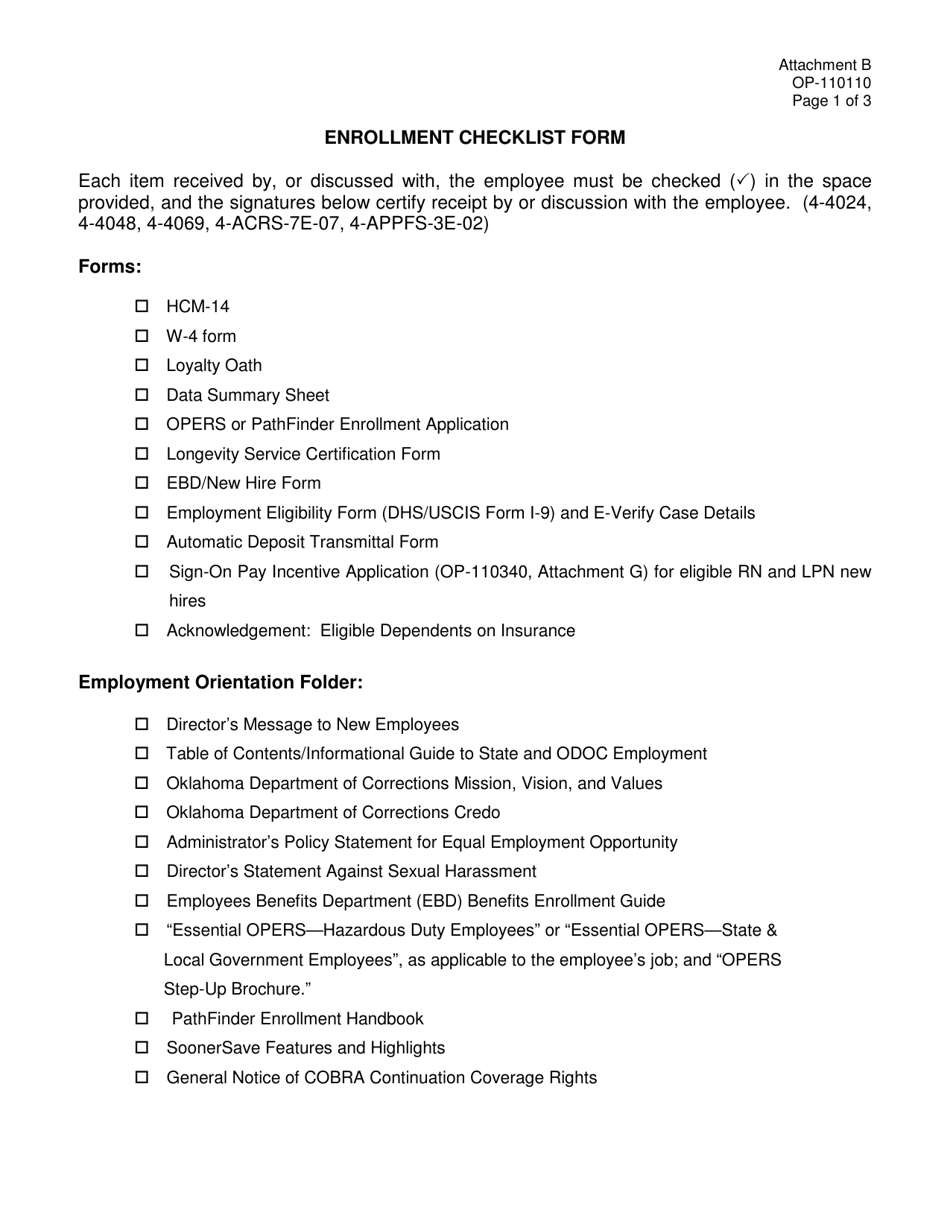 DOC Form OP-110110 Attachment B Enrollment Checklist Form - Oklahoma, Page 1