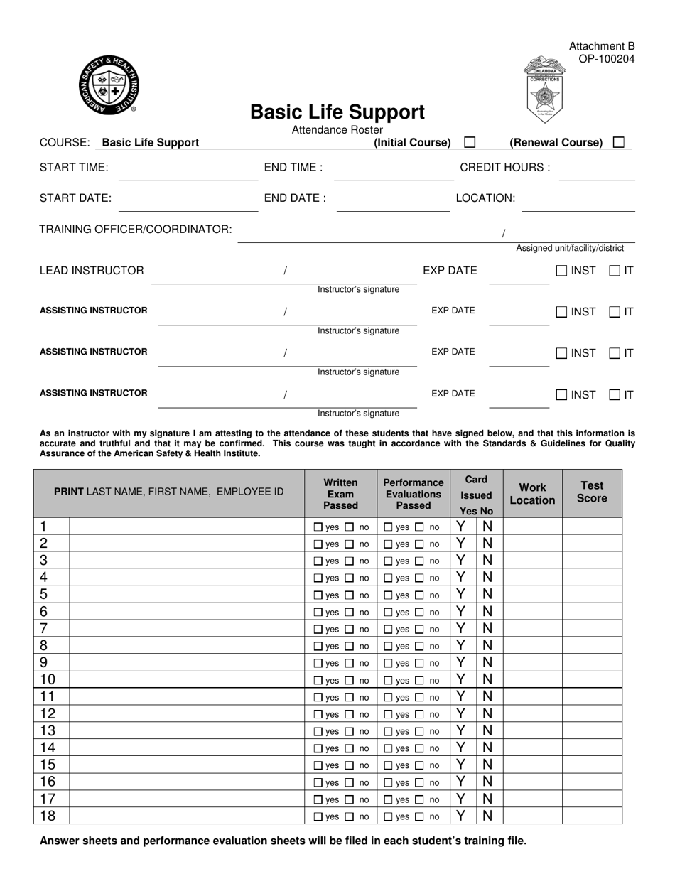 DOC Form OP-100204 Attachment B Basic Life Support Attendance Roster - Oklahoma, Page 1