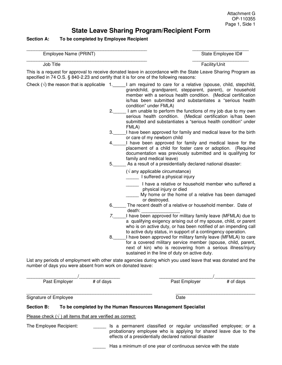 DOC Form OP-110355 Attachment G State Leave Sharing Program / Recipient Form - Oklahoma, Page 1