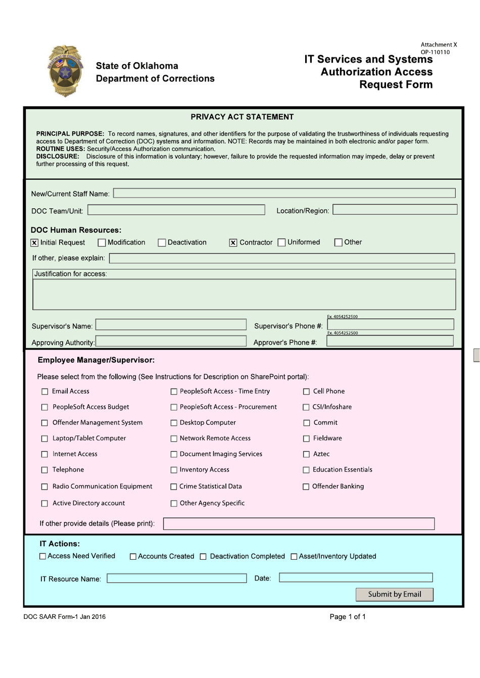 DOC Form OP-110110 Attachment X It Services and Systems Authorization Access Request Form - Oklahoma, Page 1