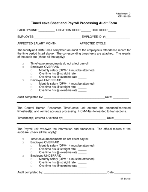DOC Form OP-110120 Attachment C Time/Leave Sheet and Payroll Processing Audit Form - Oklahoma