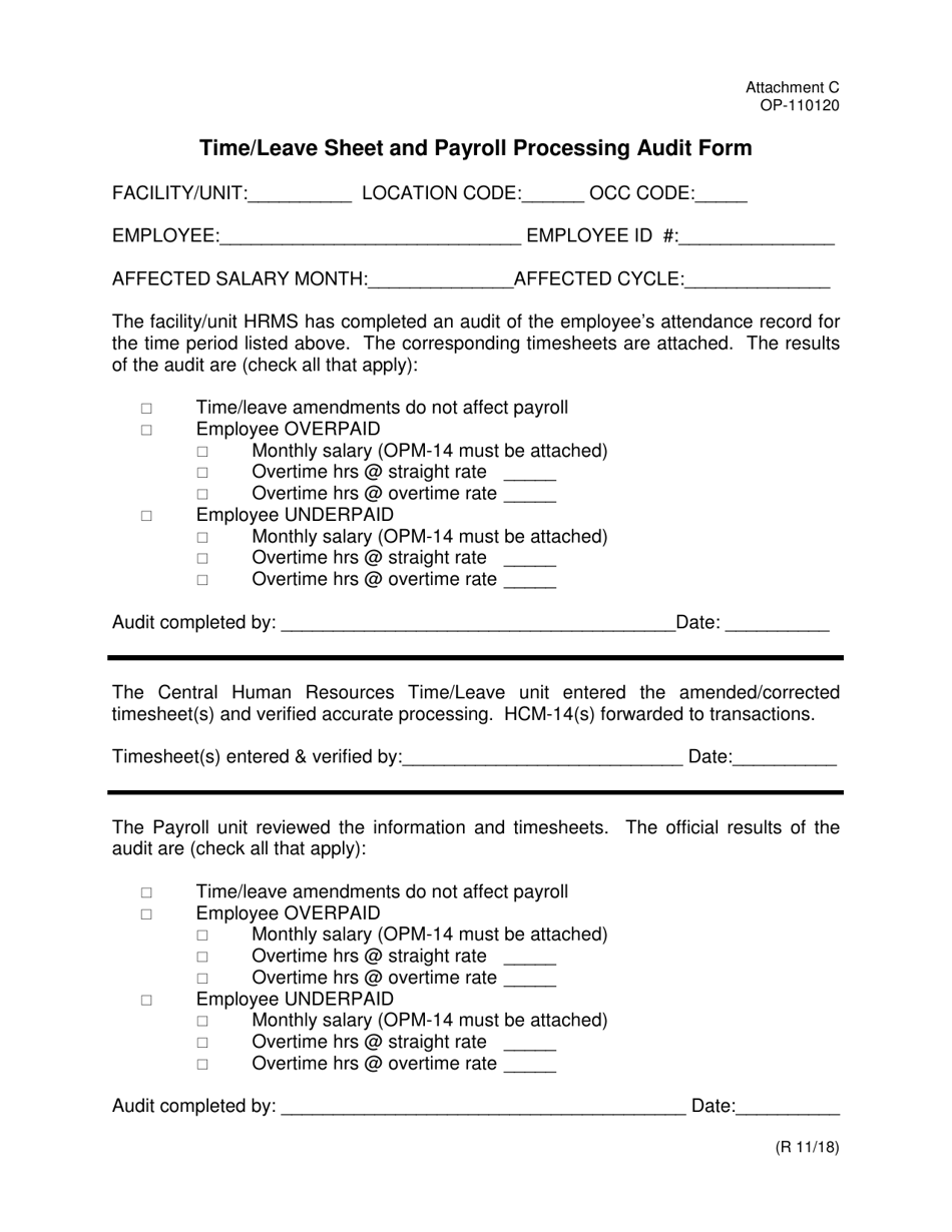 DOC Form OP-110120 Attachment C Time / Leave Sheet and Payroll Processing Audit Form - Oklahoma, Page 1