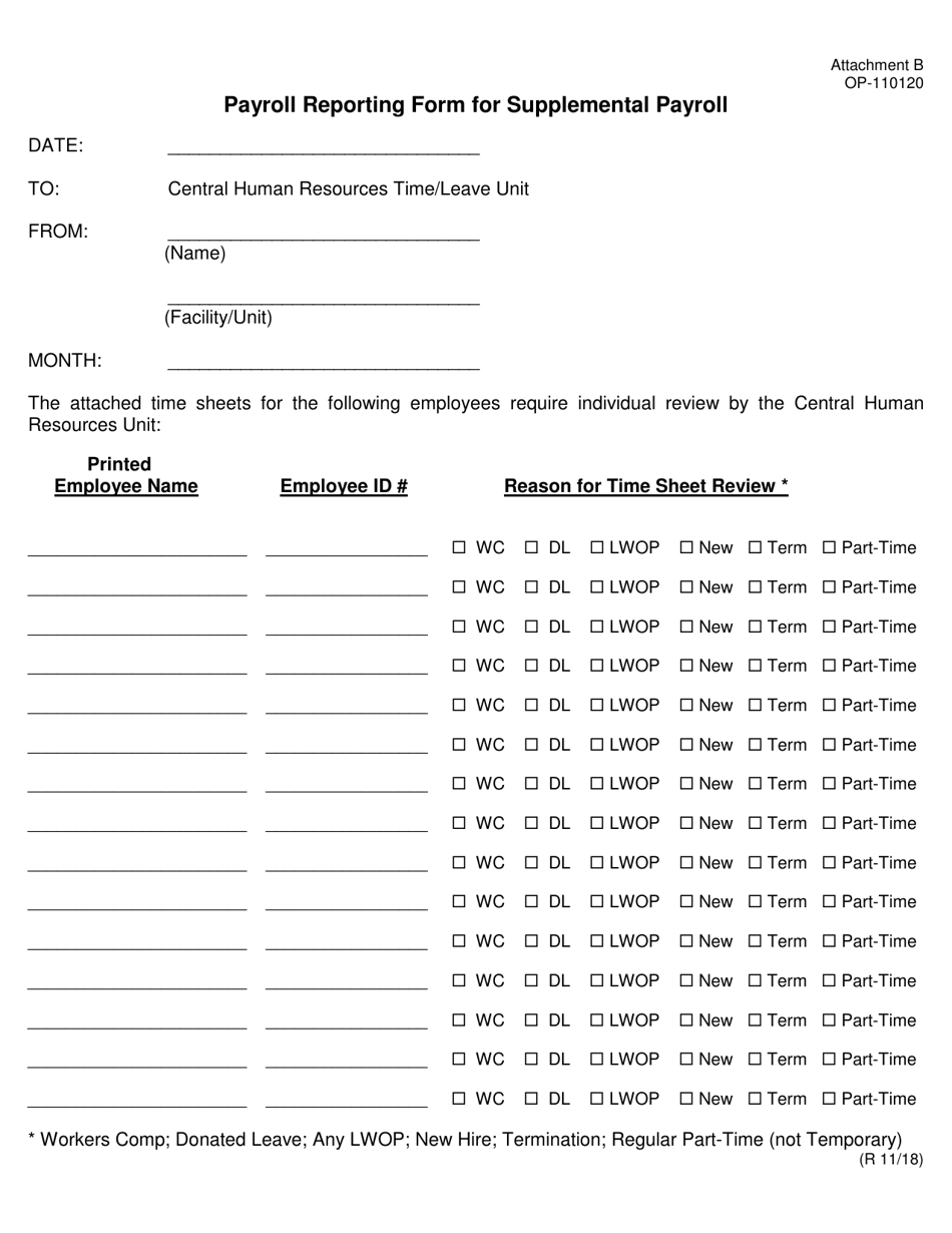 DOC Form OP-110120 Attachment B Payroll Reporting Form for Supplemental Payroll - Oklahoma, Page 1