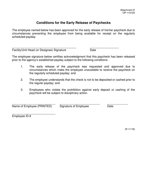 DOC Form OP-110120 Attachment D Conditions for the Early Release of Paychecks - Oklahoma
