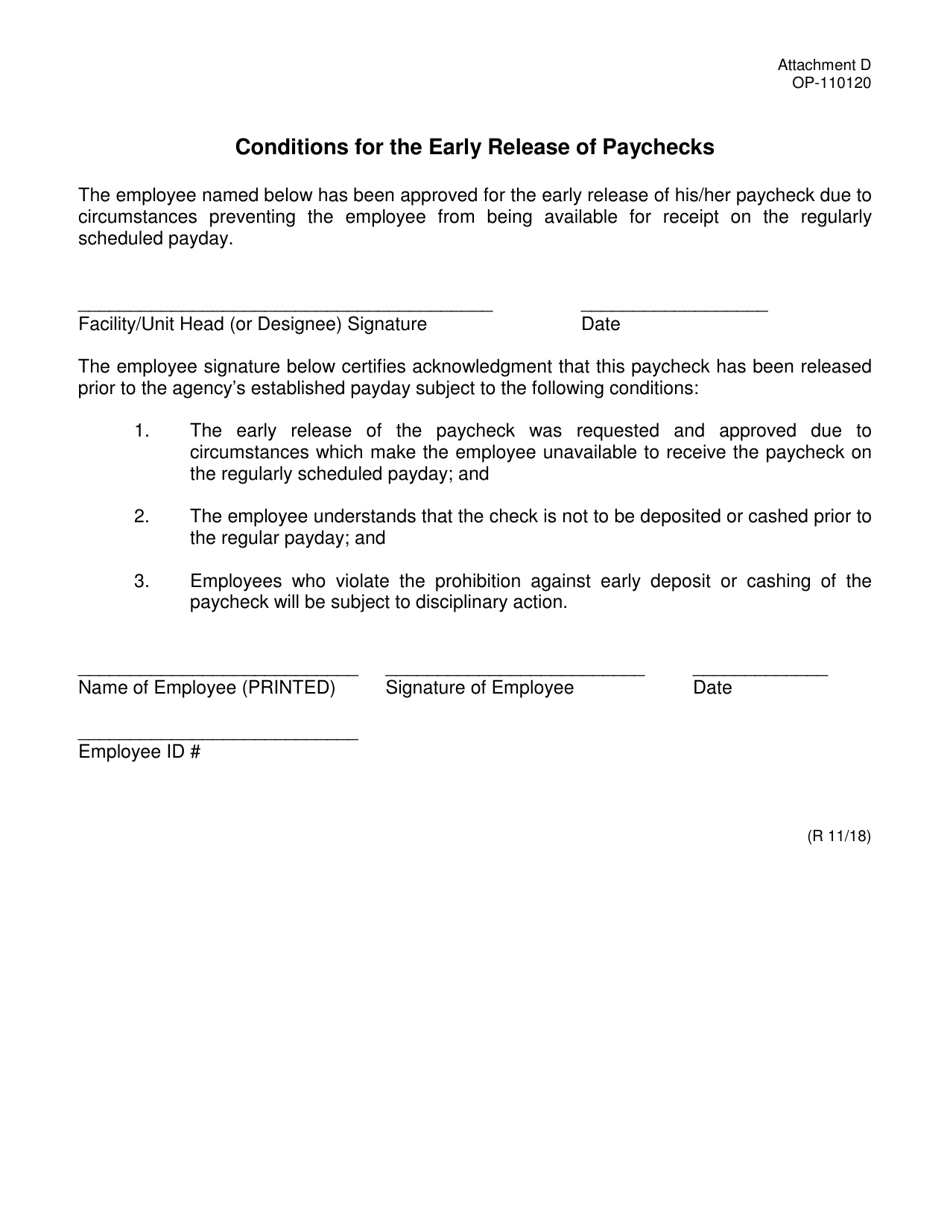 DOC Form OP-110120 Attachment D Conditions for the Early Release of Paychecks - Oklahoma, Page 1