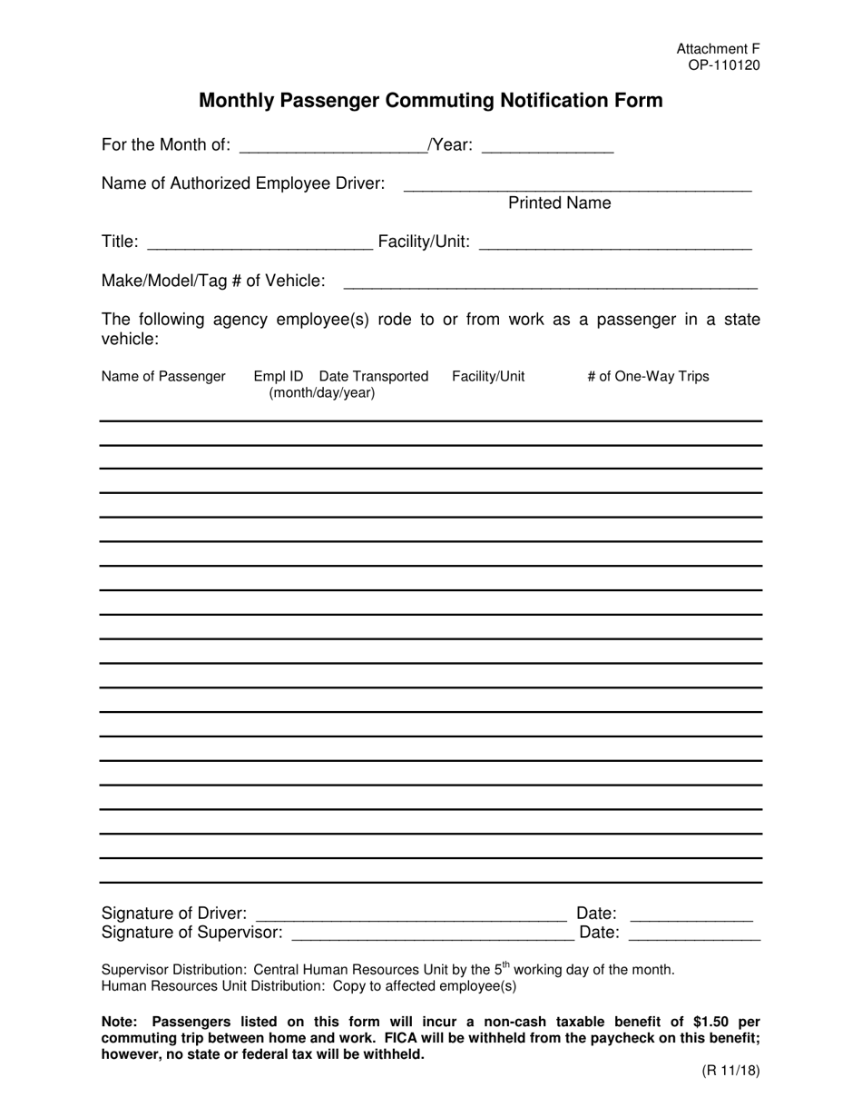DOC Form OP-110120 Attachment F Monthly Passenger Commuting Notification Form - Oklahoma, Page 1
