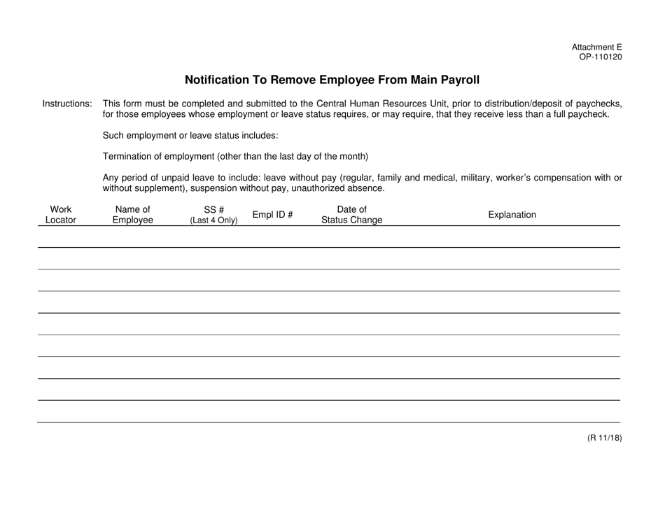 DOC Form OP-110120 Attachment E Notification to Remove Employee From Main Payroll - Oklahoma, Page 1