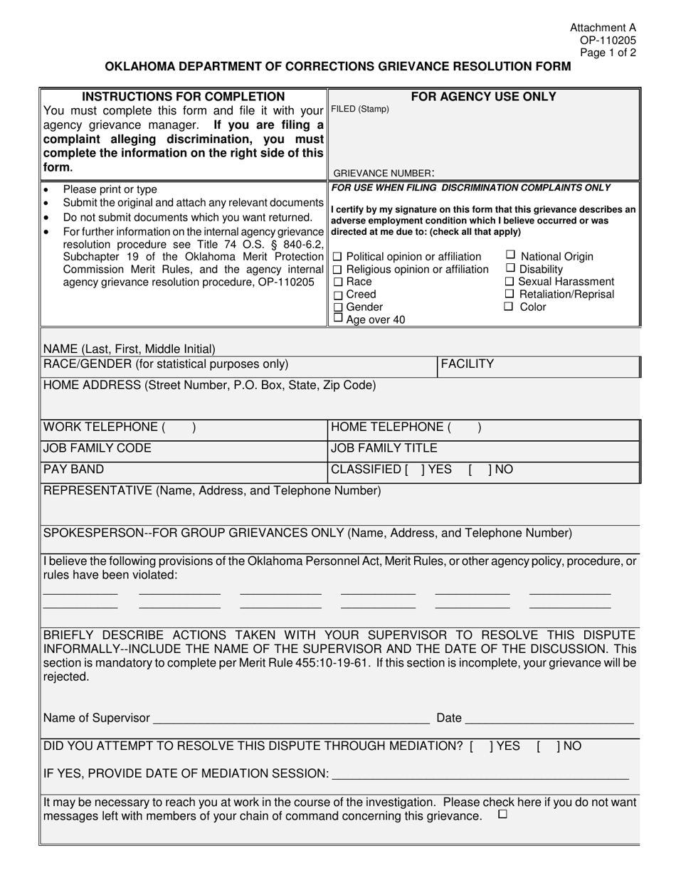 DOC Form OP-110205 Attachment A Grievance Resolution Form - Oklahoma, Page 1
