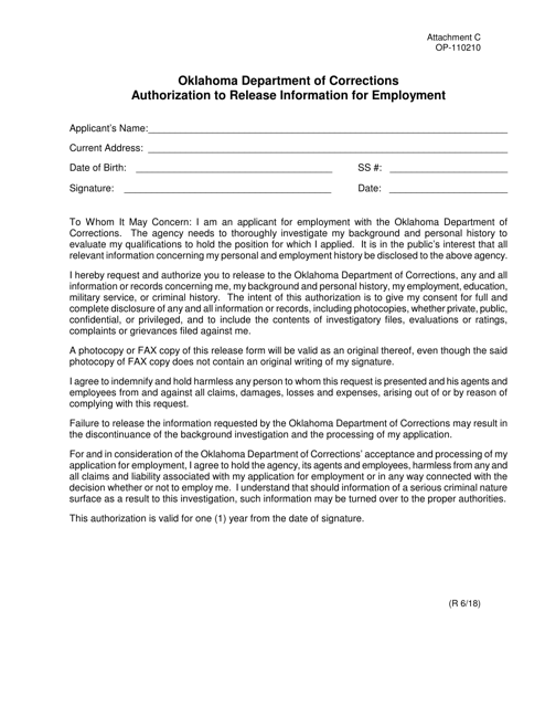 DOC Form OP-110210 Attachment C Authorization to Release Information for Employment - Oklahoma