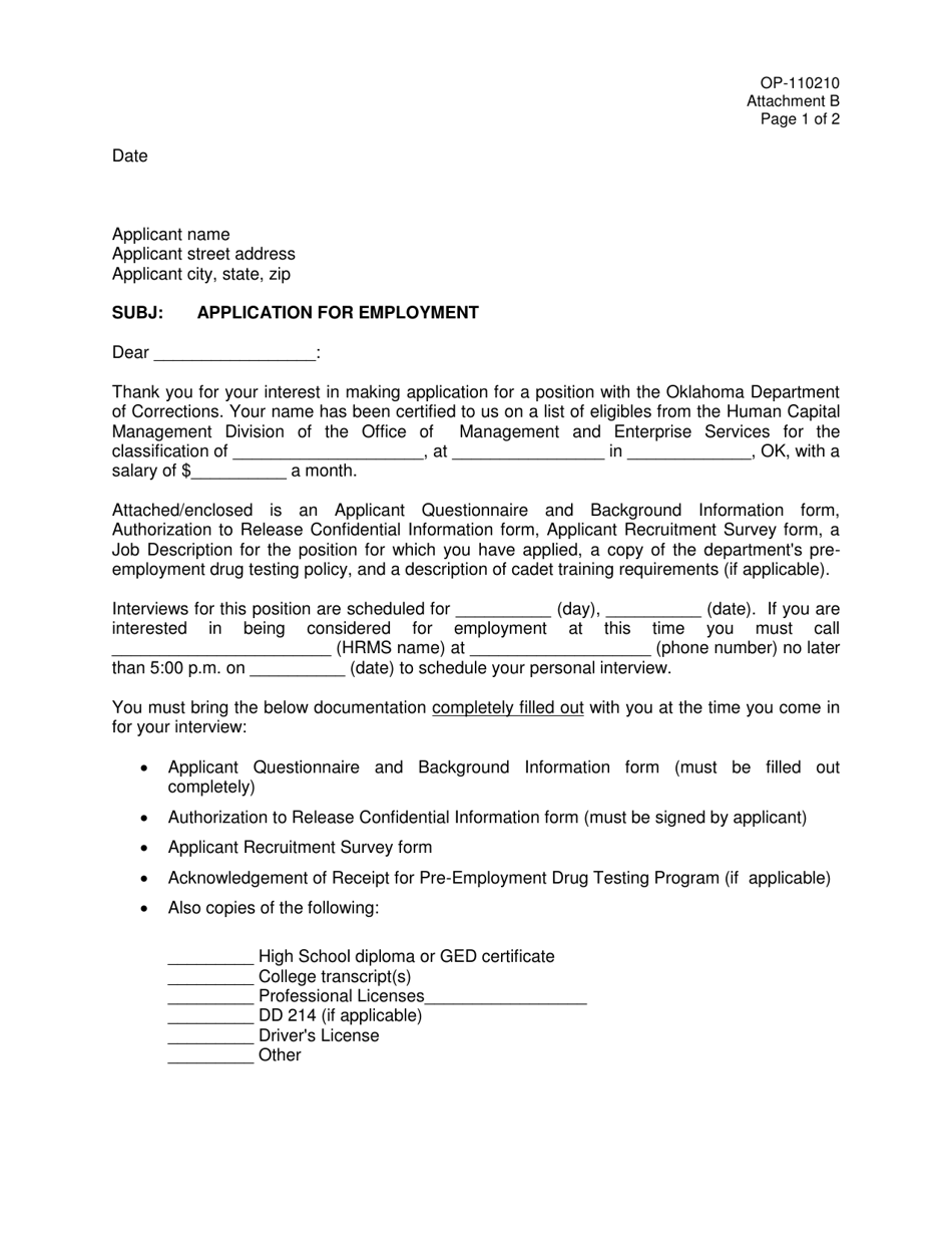 DOC Form OP-110210 Attachment B Application for Employment Cover Letter - Oklahoma, Page 1