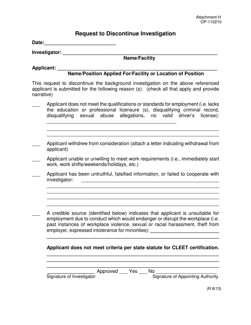 DOC Form OP-110210 Attachment H Request to Discontinue Investigation - Oklahoma, Page 1