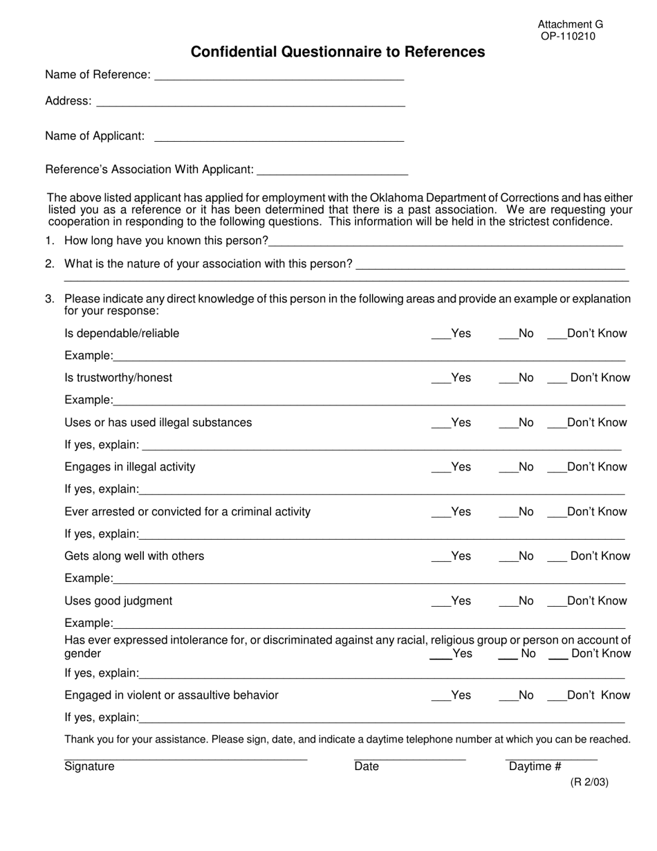 DOC Form OP-110210 Attachment G Confidential Questionnaire to References - Oklahoma, Page 1