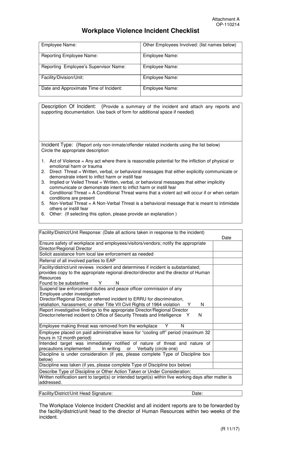 DOC Form OP-110214 Workplace Violence Incident Checklist - Oklahoma, Page 1