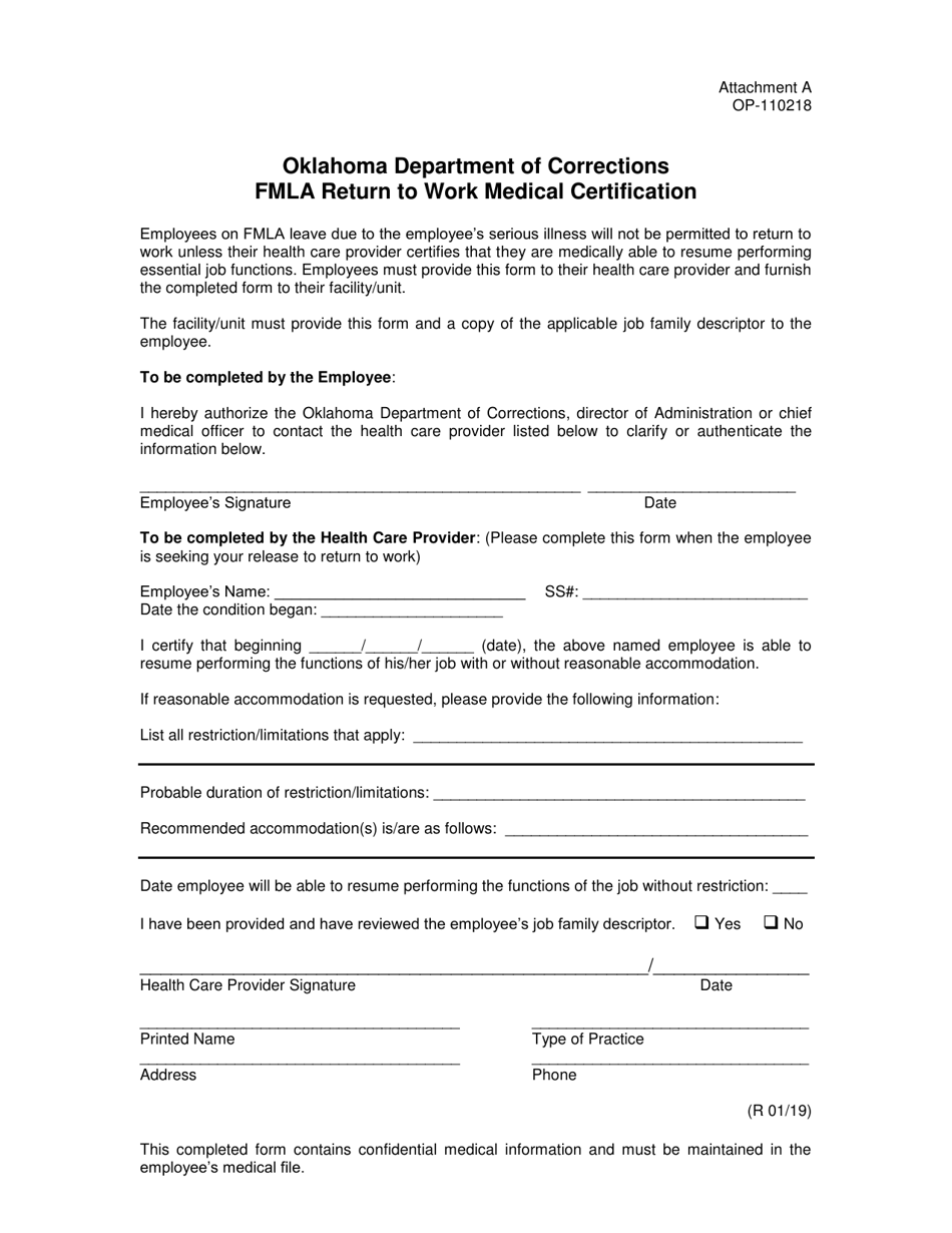 DOC Form OP-110218 Attachment A Fmla Return to Work Medical Certification - Oklahoma, Page 1