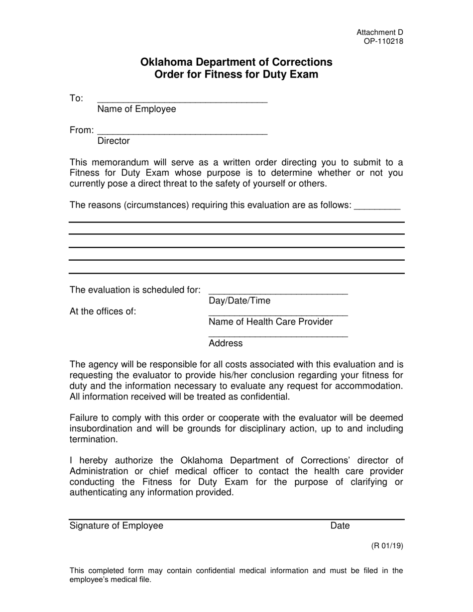 DOC Form OP-110218 Attachment D Order for Fitness for Duty Exam - Oklahoma, Page 1
