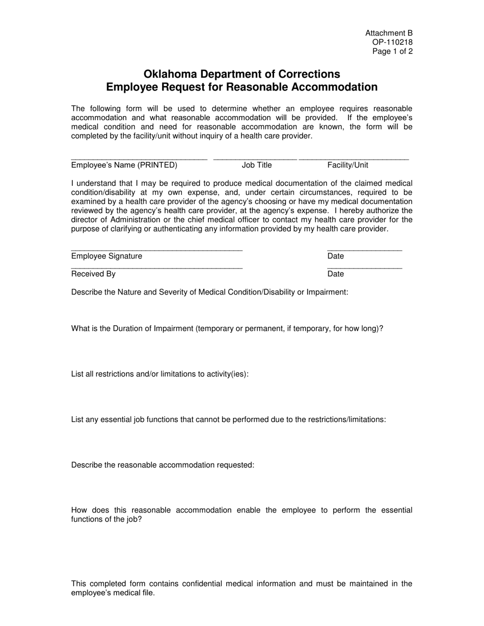 DOC Form OP-110218 Attachment B Employee Request for Reasonable Accommodation - Oklahoma, Page 1
