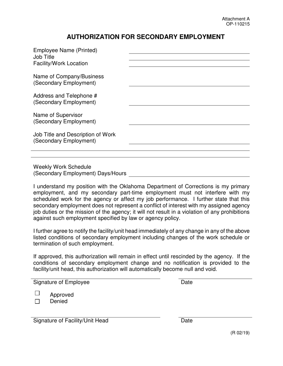 DOC Form OP-110215 Attachment A Authorization for Secondary Employment - Oklahoma, Page 1