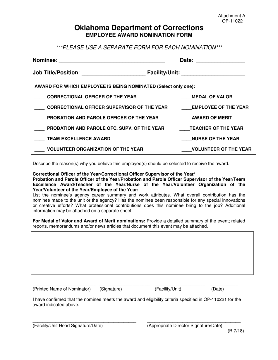 Doc Form Op 110221 Attachment A Download Printable Pdf Or Fill Online Employee Award Nomination Form Oklahoma Templateroller