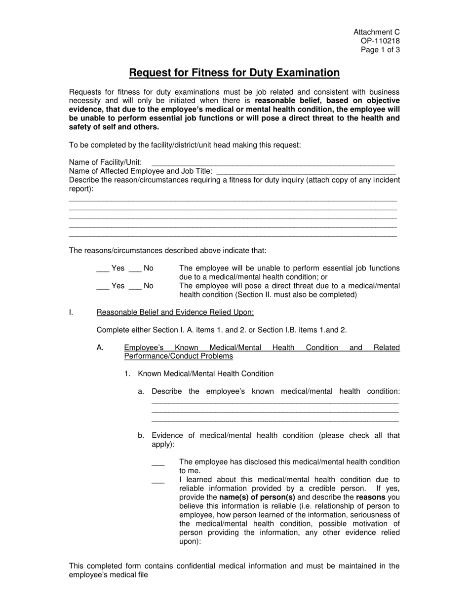 DOC Form OP-110218 Attachment C Request for Fitness for Duty Examination - Oklahoma, Page 1