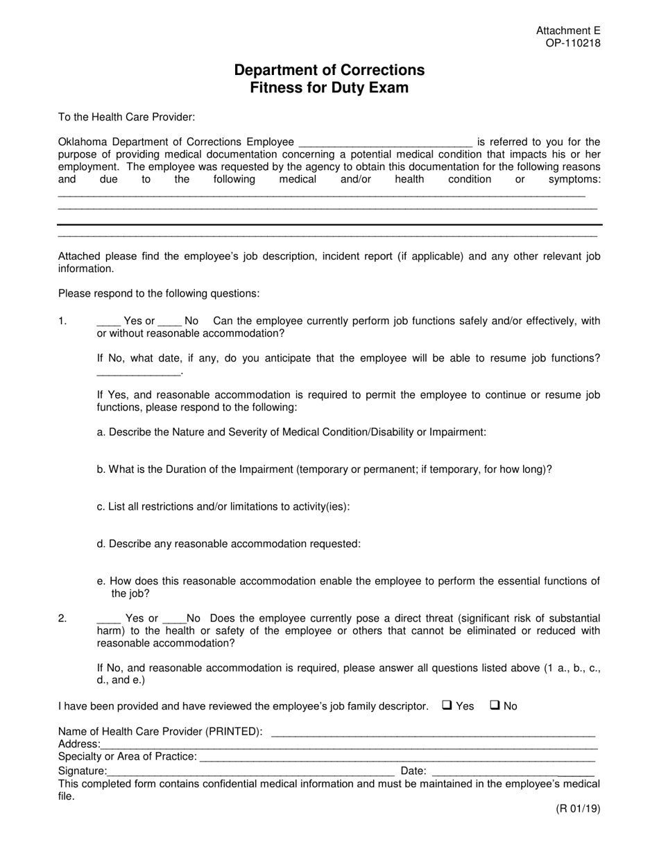 DOC Form OP-110218 Attachment E Fitness for Duty Exam - Oklahoma, Page 1